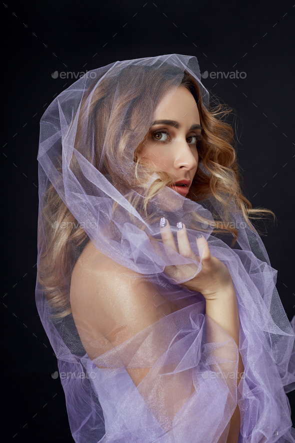 Woman Wrapped In Purple Fabric Beautiful Slim Figure Purity And